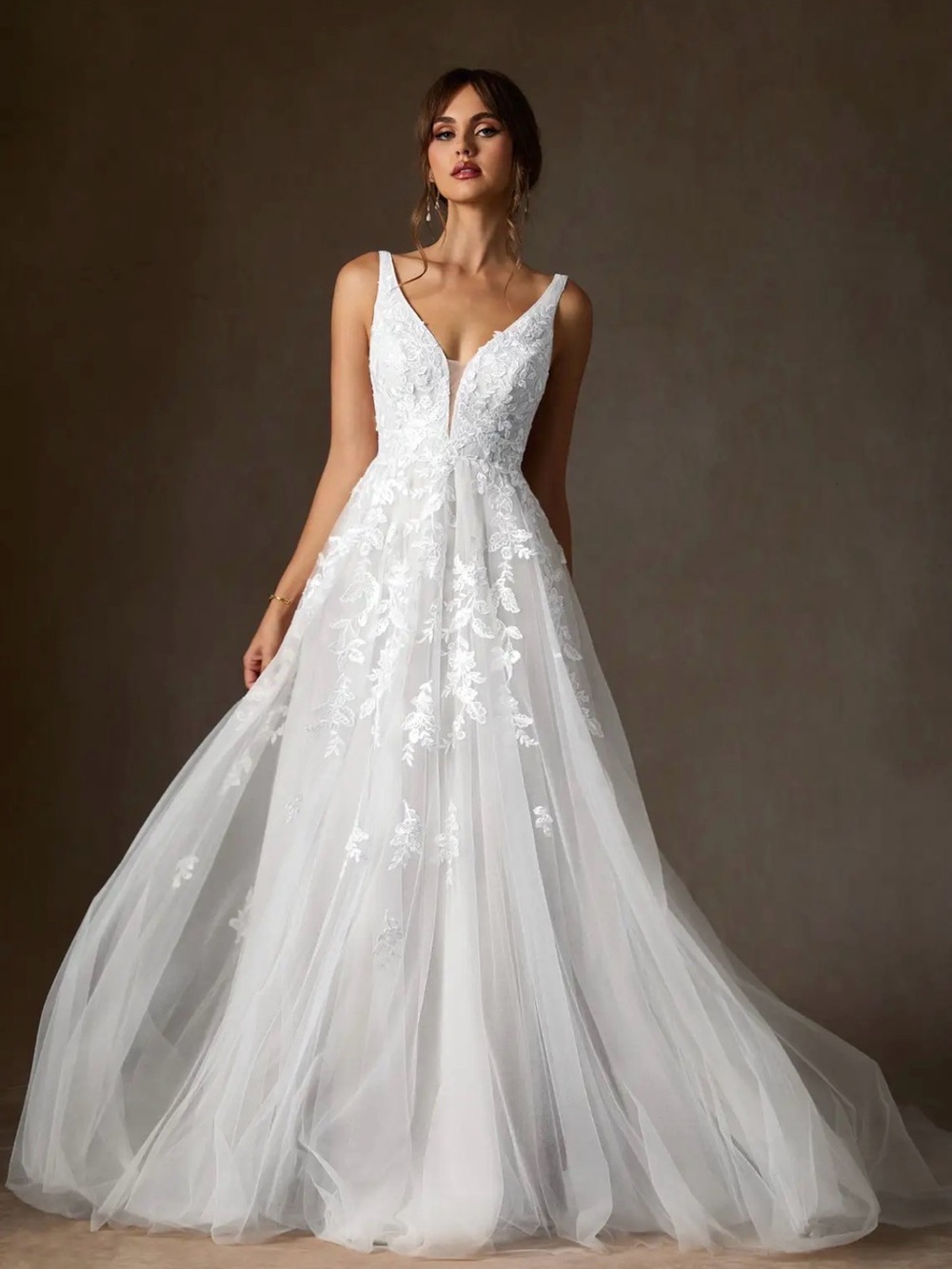 Azazie White V-Neck Lace Tulle A-Line Wedding Dress